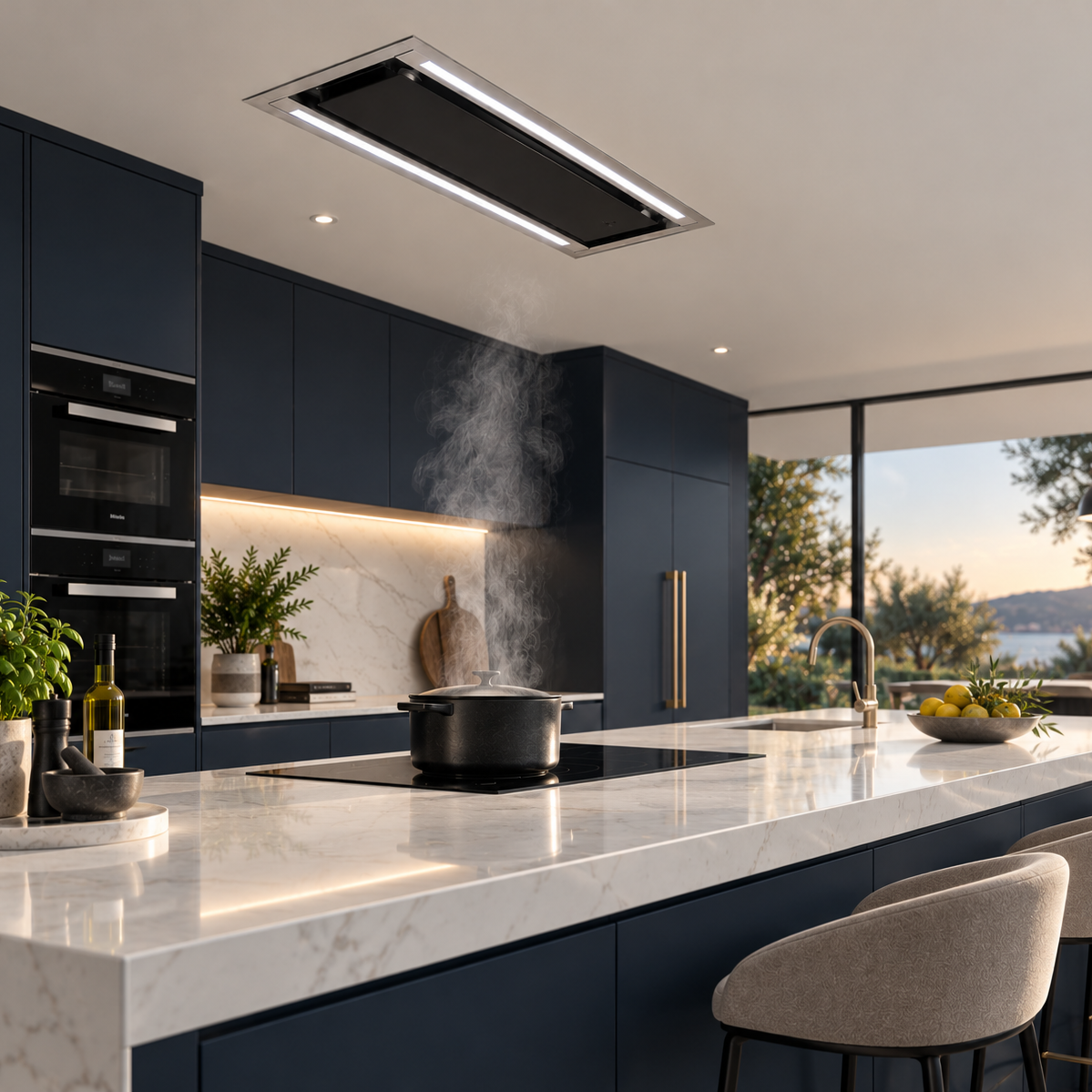 A modern kitchen interior with dark navy cabinetry, a white marble island, a built-in black range hood, a pot on the cooktop, and large windows showing an outdoor view at sunset.