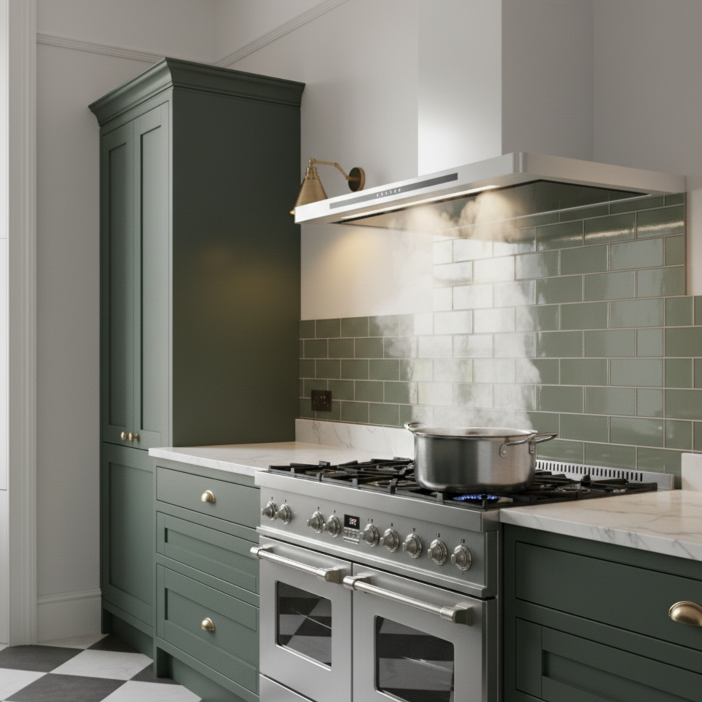 Stainless Steel Linea cooker hood installed in a modern, green shaker style kitchen above a range oven
