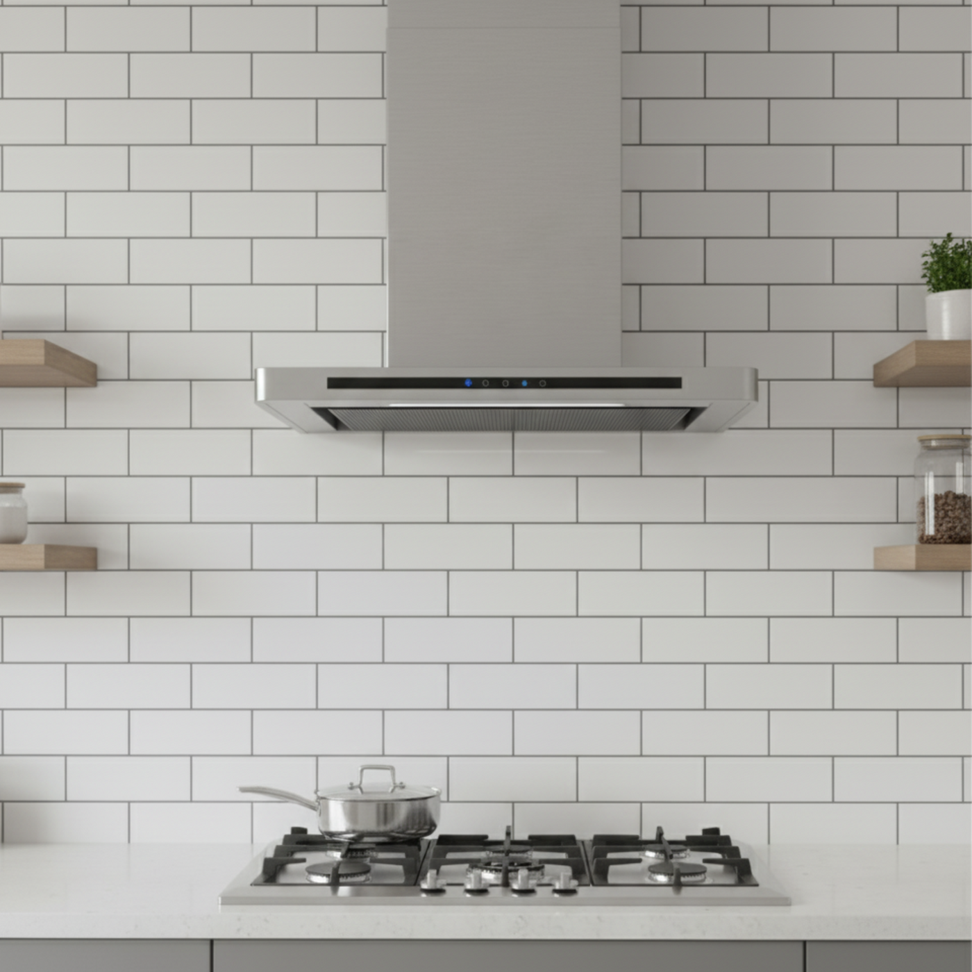 Stainless steel Linea cooker hood installed in a sleek, modern kitchen with white tiling and gas hob