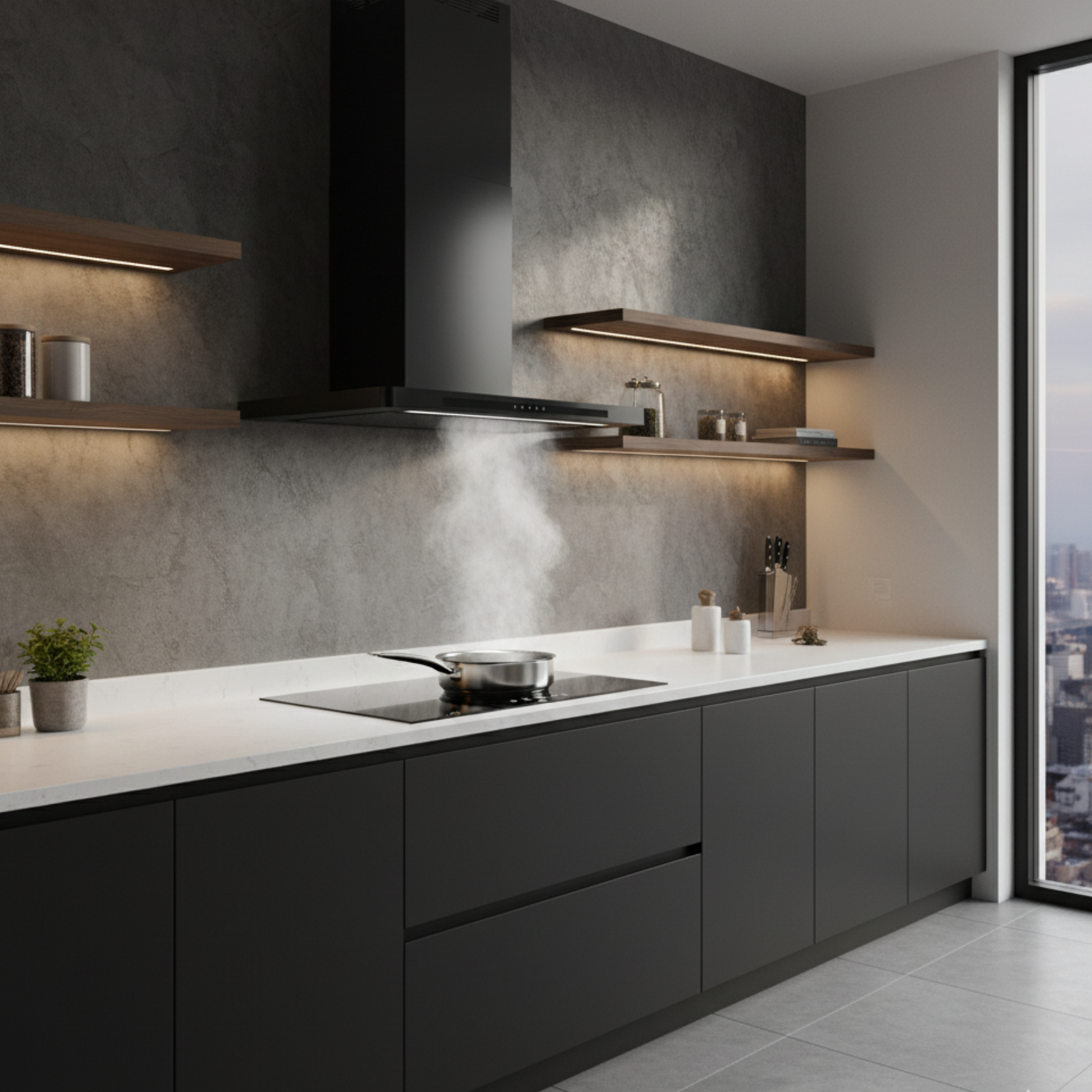 Black Linea cooker hood installed in a minimalistic, sleek, dark kitchen with white marble worktop and floating shelving featuring LED lighting 