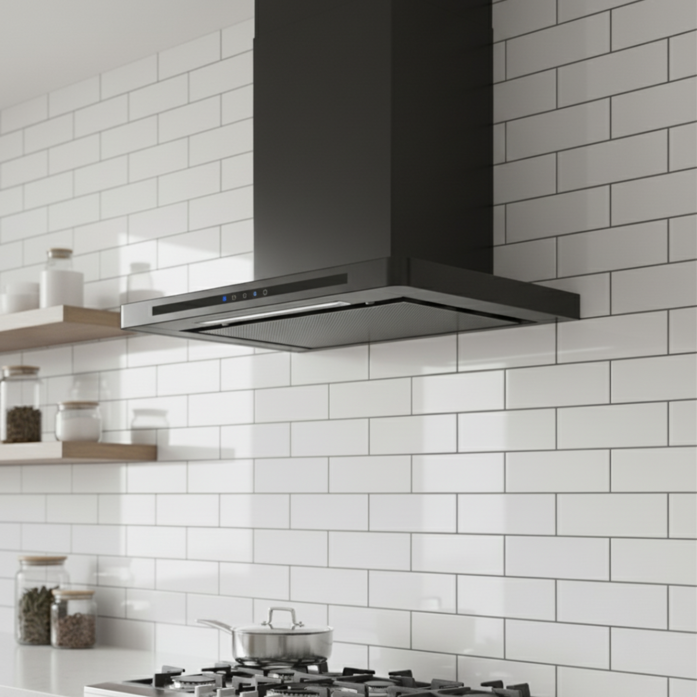 Black Linea wall mounted cooker hood installed as a feature in a white kitchen with white tiled backsplash 
