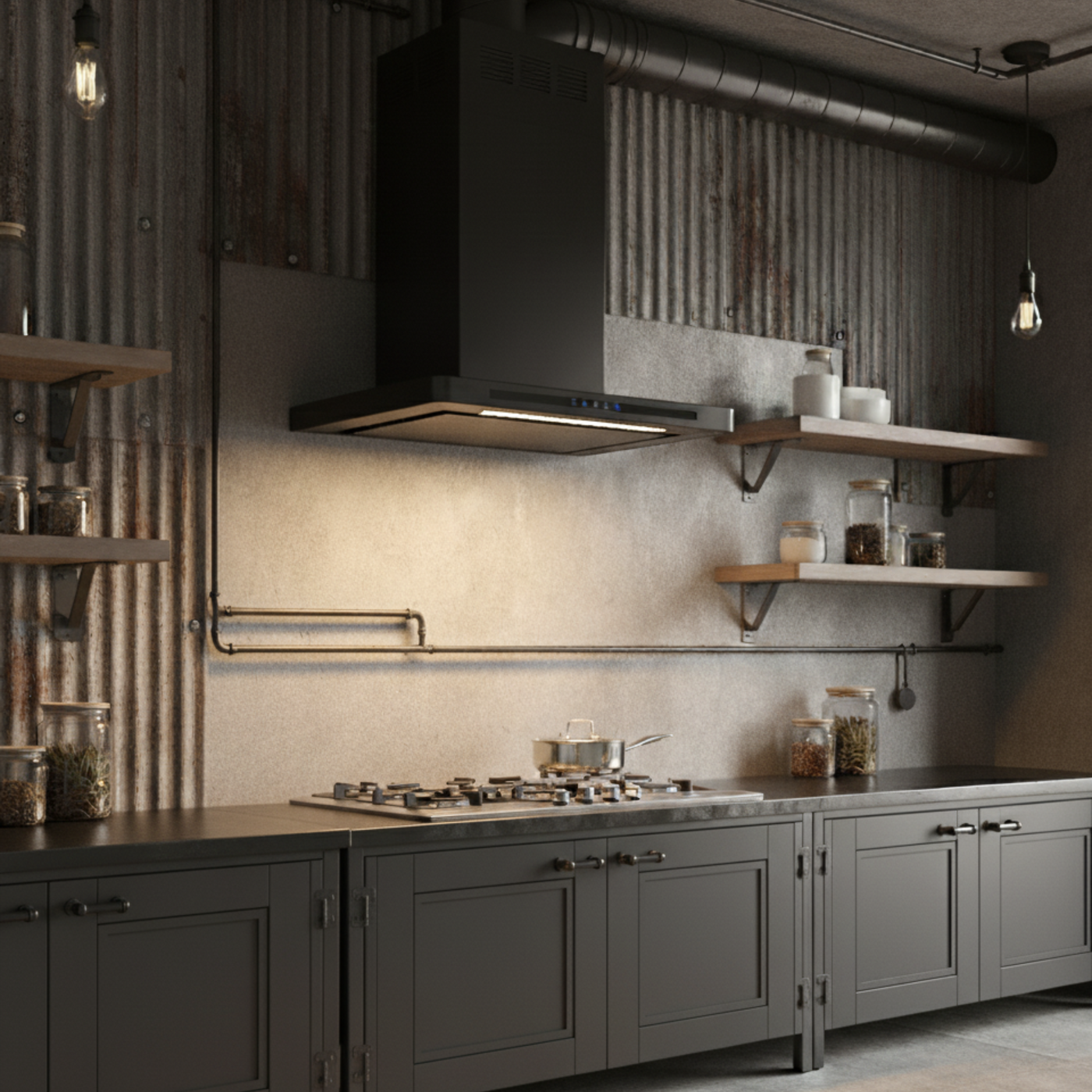 Black Linea cooker hood installed in a loft style kitchen with open pipework and large built in range oven