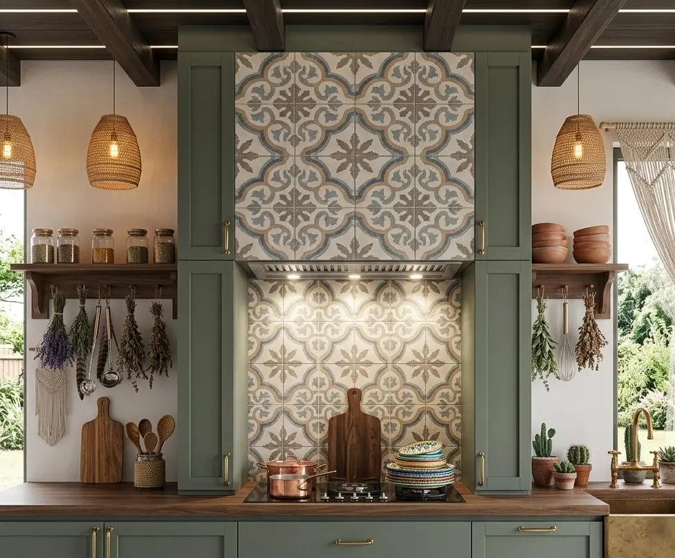 Lusso Stainless Steel Canopy Hood Above Induction Hob Within Boho Style Kitchen