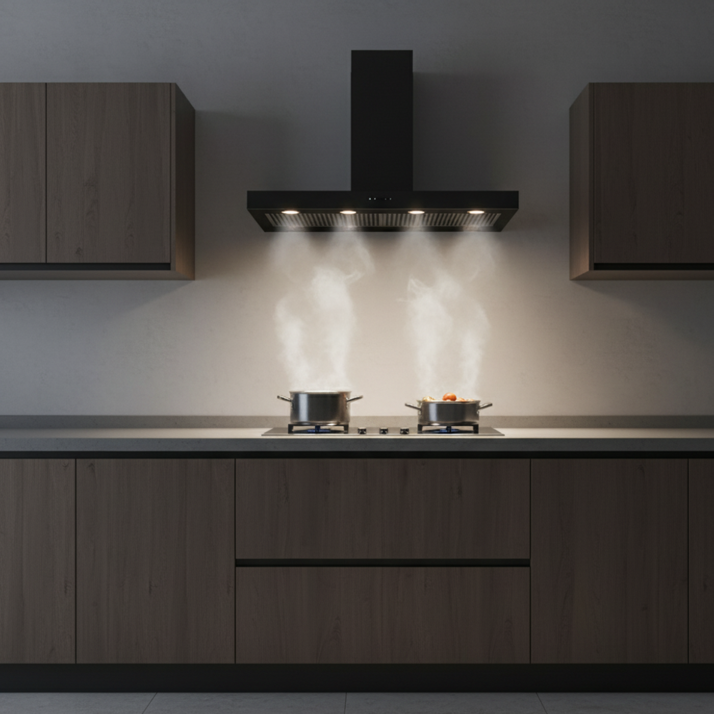 Black Lusso Semi Professional wall mounted cooker hood showing extraction performance. Installed in a minimalistic, sleek kitchen featuring wooden units
