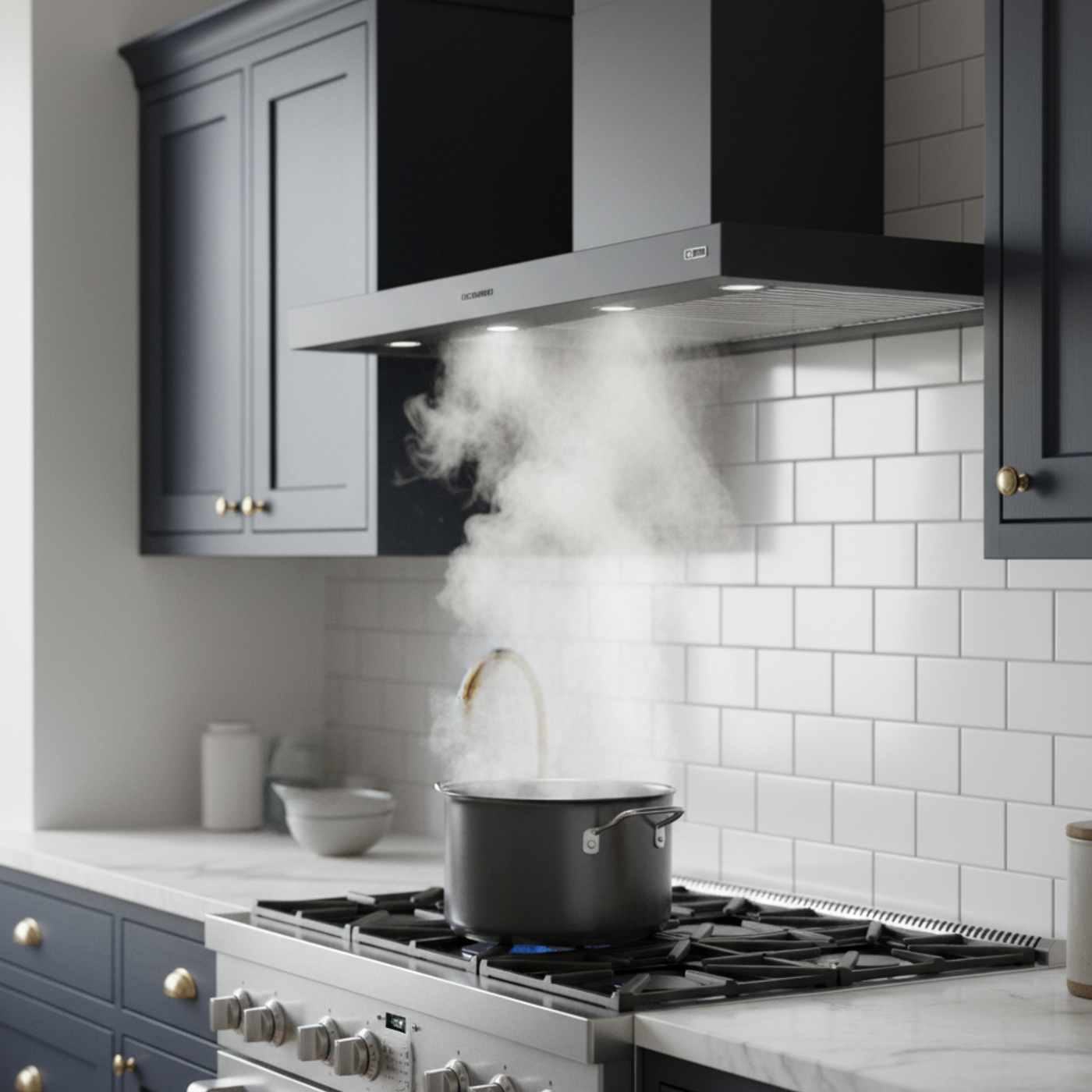 Black Lusso wall mounted semi professional cooker hood extracting through stainless steel baffles above a range oven. Featuring white tiled backsplash