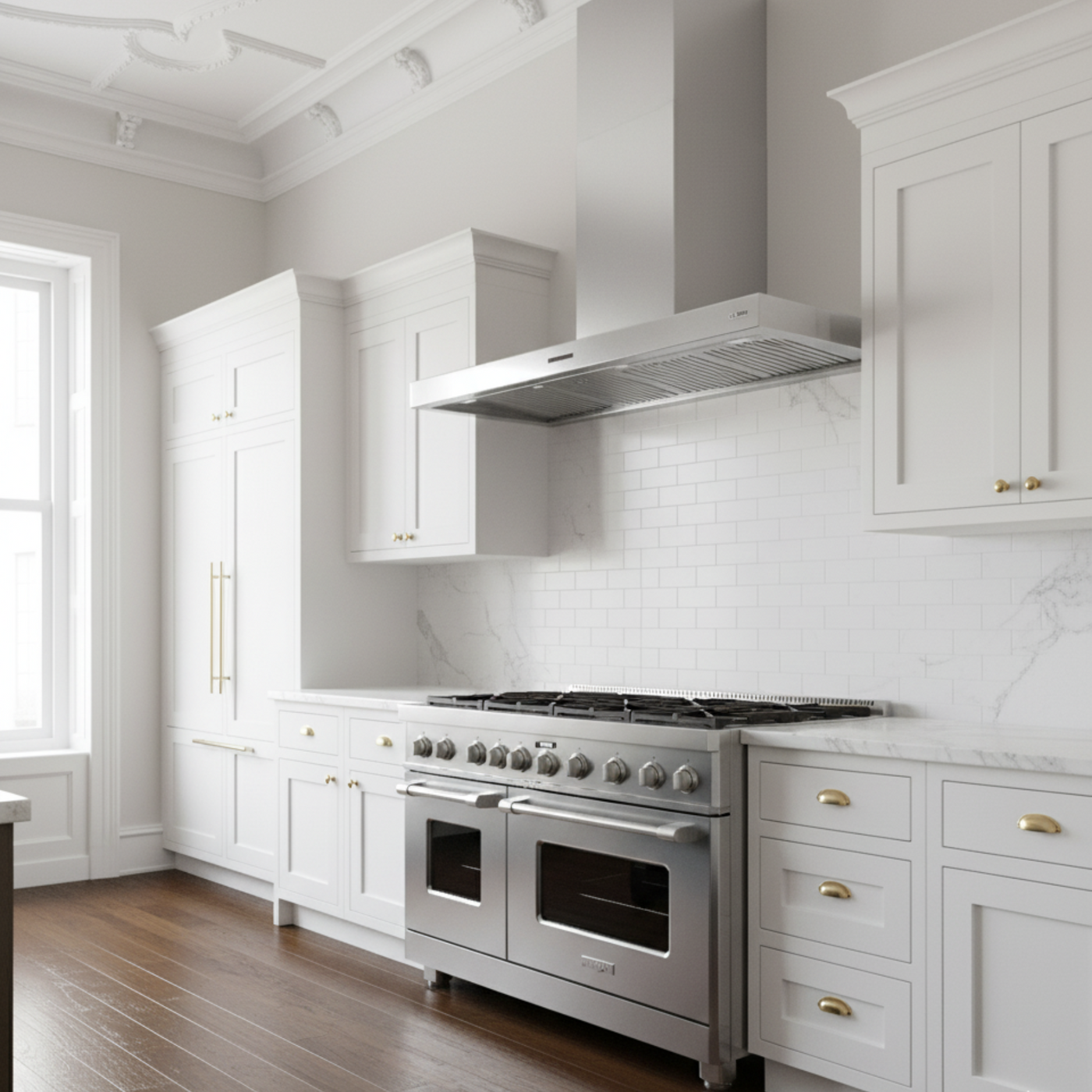 Modern white shaker style kitchen featuring a large Lusso stainless steel semi professional cooker hood 