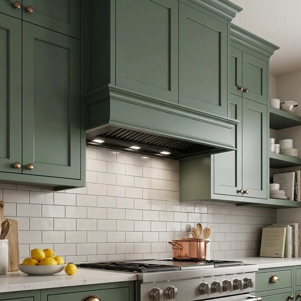 Black Lusso Canopy Hood Installed Within A Modern Green Shaker Kitchen