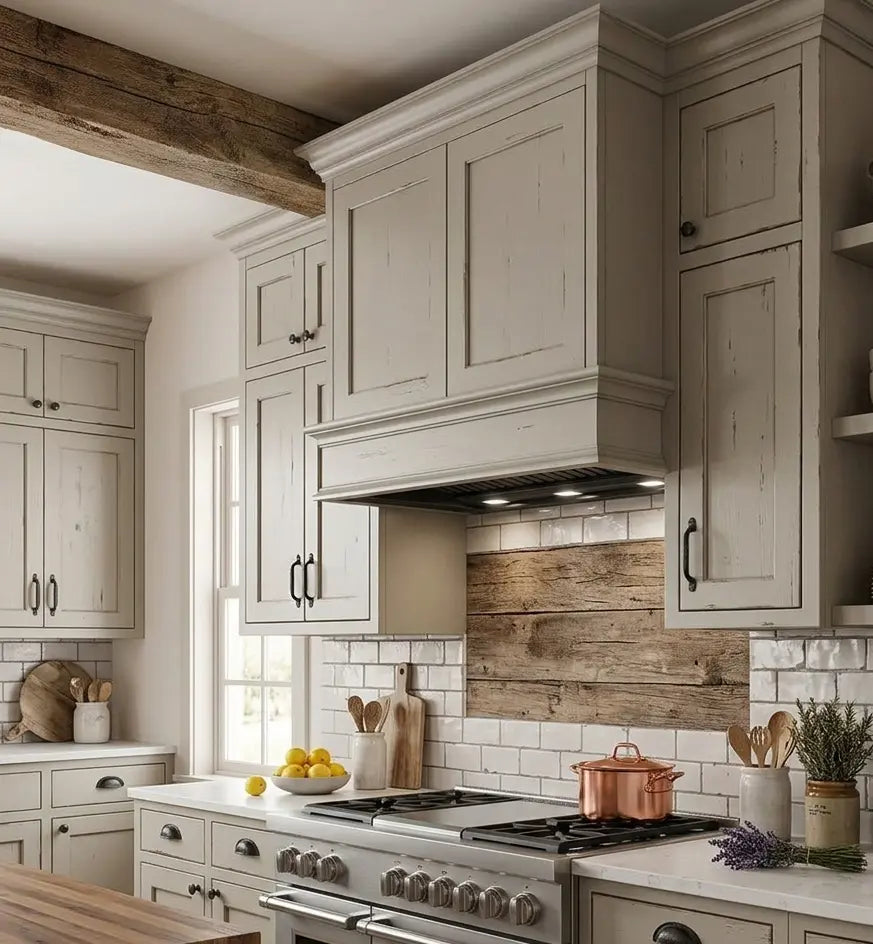 85cm Lusso Black Canopy Hood Within A Rustic Kitchen Above Range Oven
