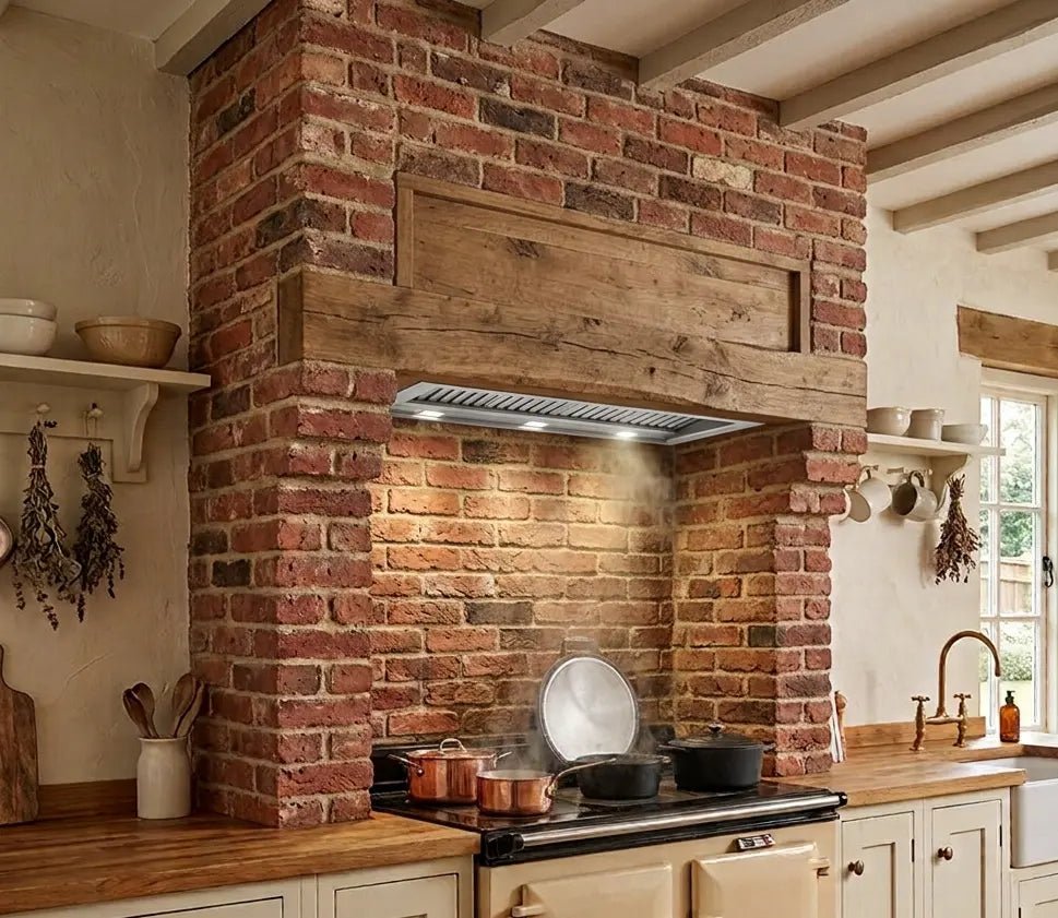 115cm Lusso Canopy Hood In Stainless Steel. Installed Within A Farmhouse Style Kitchen With Aga.