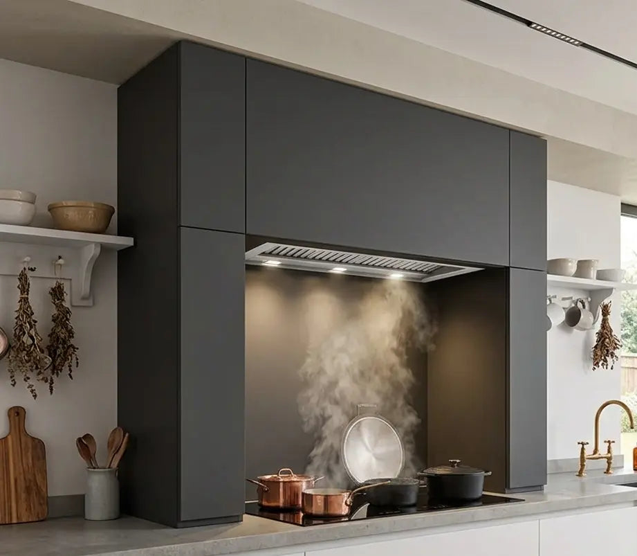 Stainless Steel 115cm Lusso Canopy Hood Installed Within A Sleek, Modern Kitchen