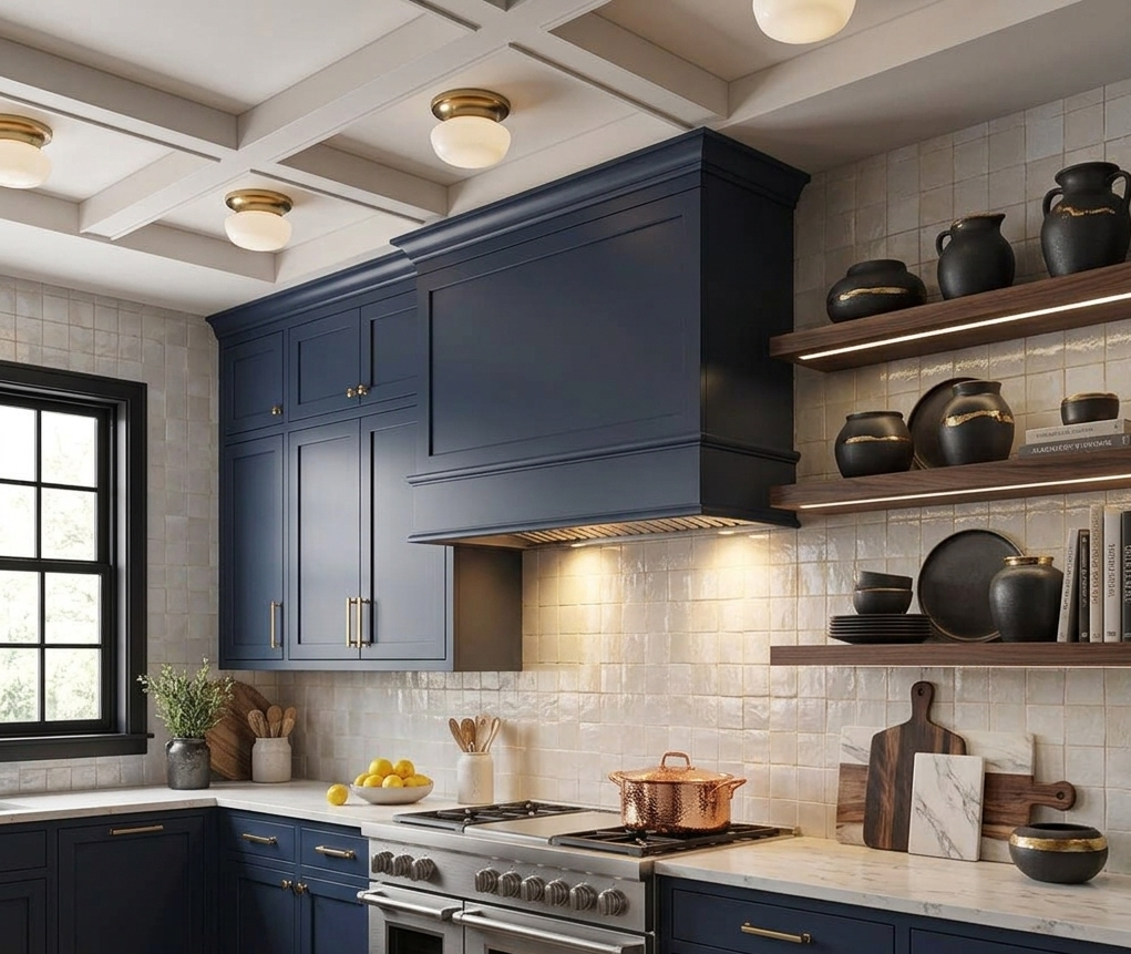 Lusso Canopy Cooker Hood Within A Navy Blue Shaker Style Modern Kitchen