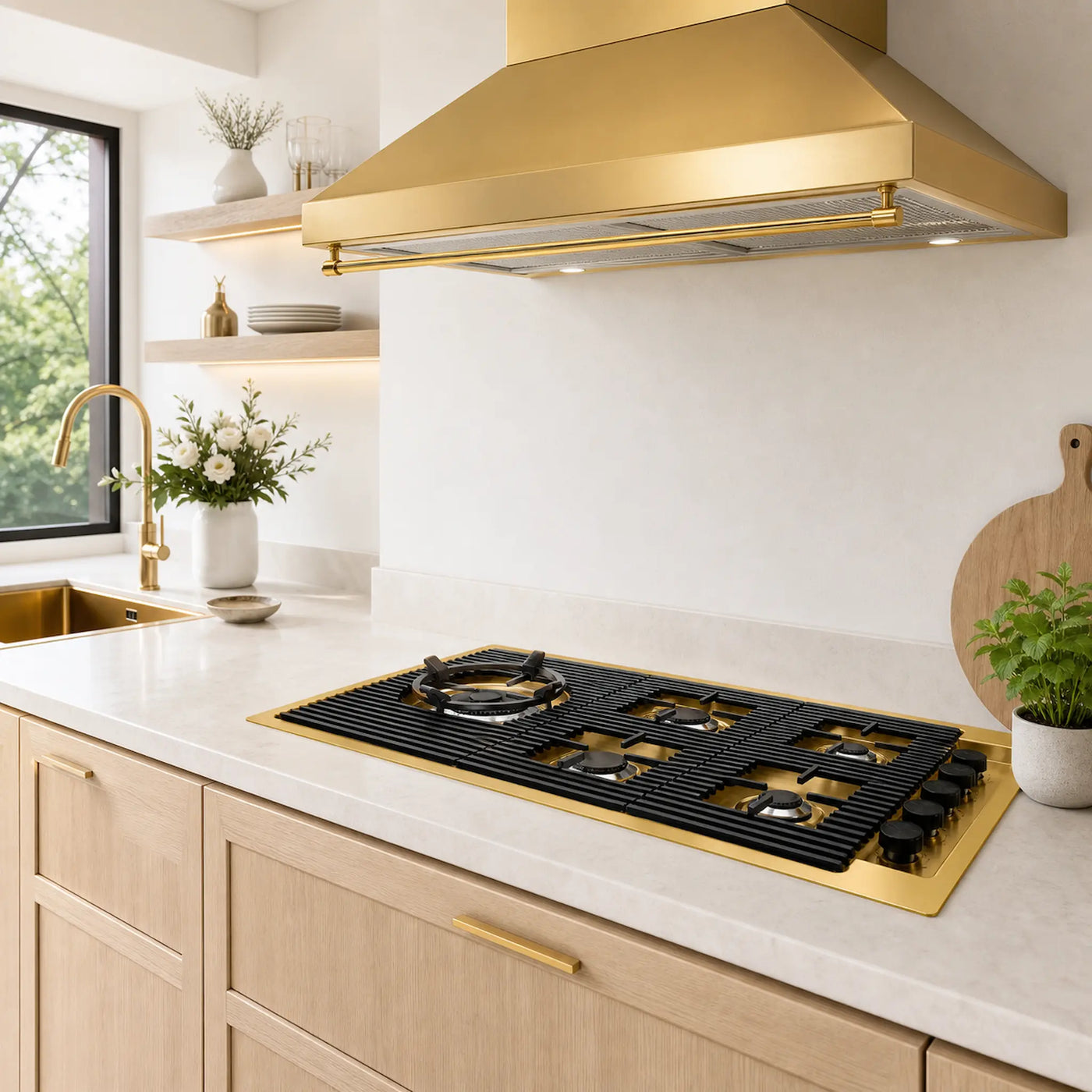 87cm Milano Lusso gas hob gold with black pan supports and recessed knobs 