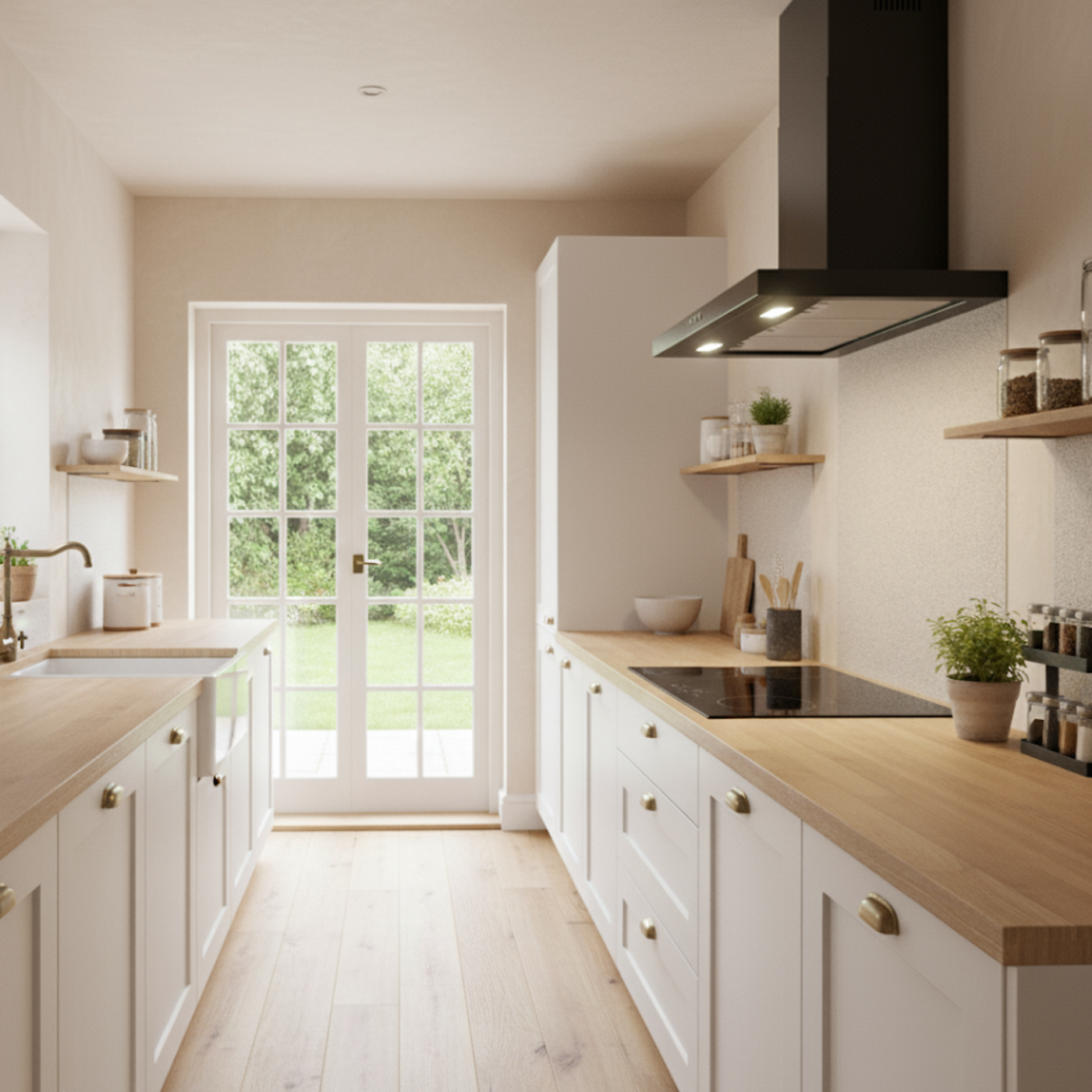 Black Moda cooker hood installed above an induction hob in a chic country cottage style kitchen