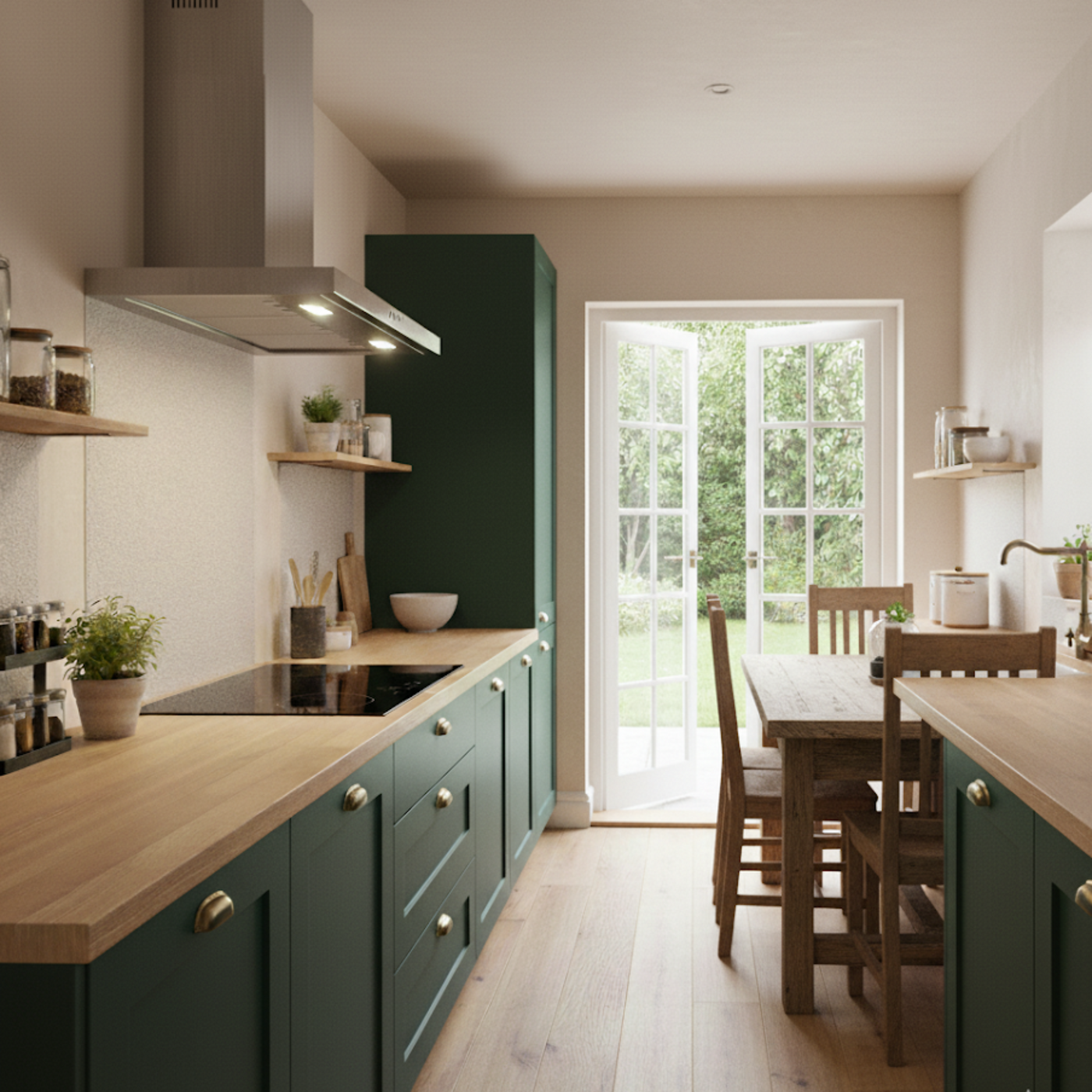Stainless Steel Moda cooker hood within a modern, green shaker style kitchen diner