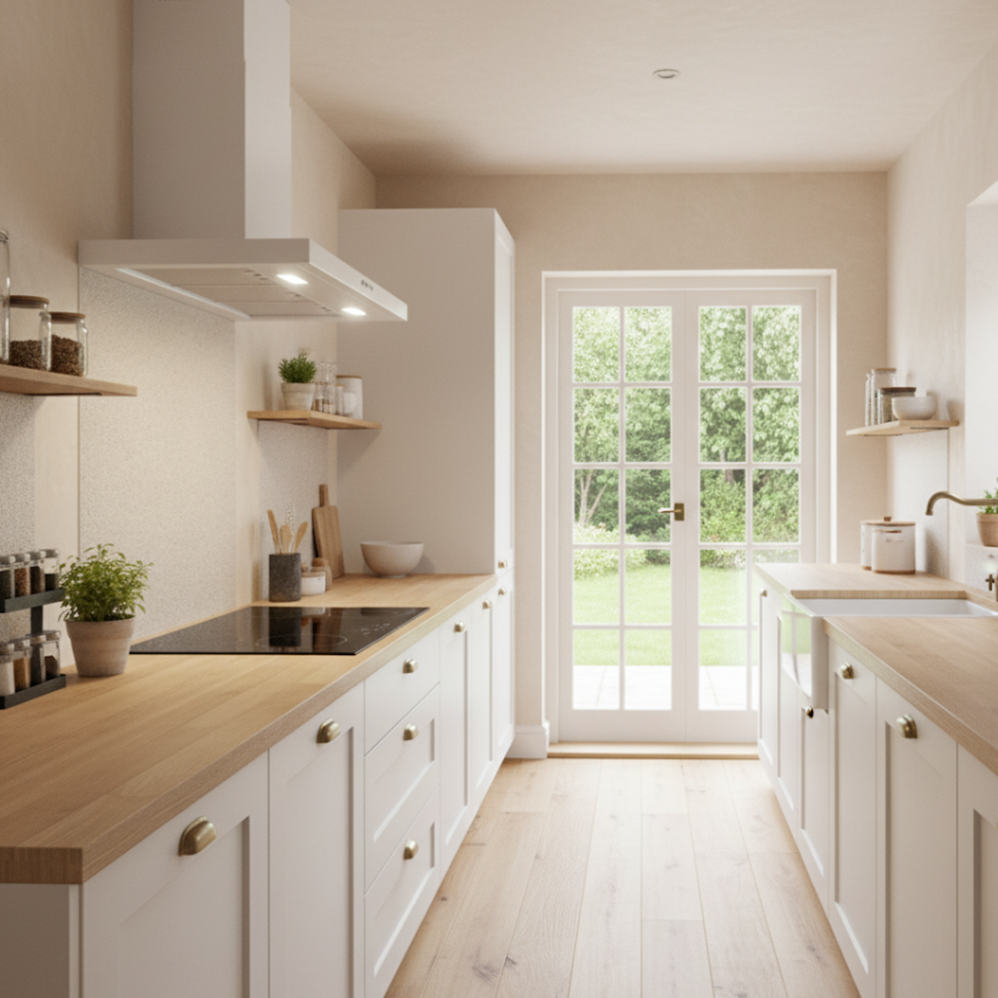 Cottage style kitchen featuring white Moda cooker hood alongside an induction hob and wooden worktops