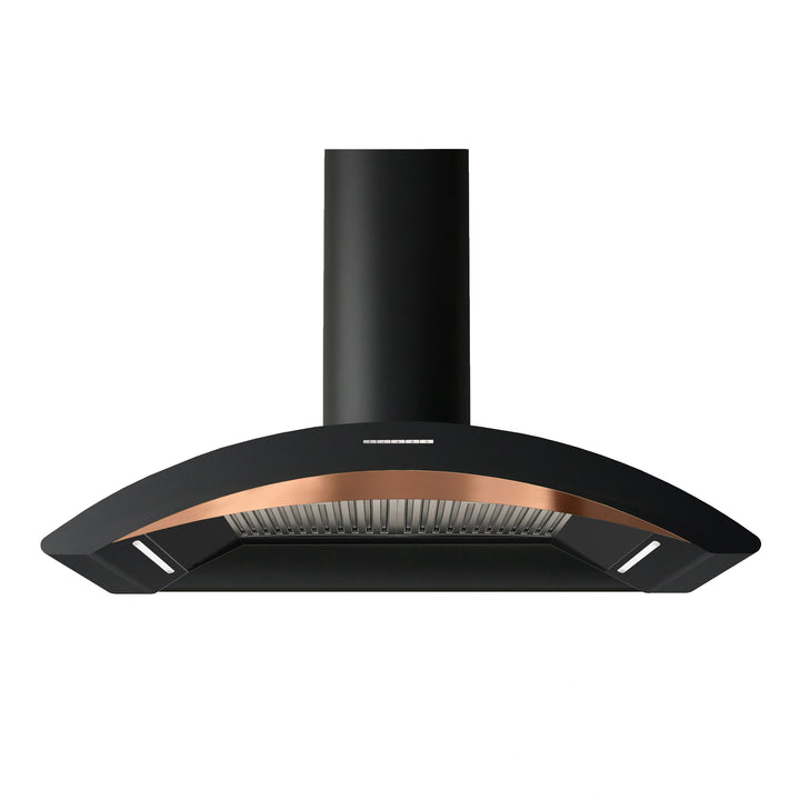 A 100cm MONZA black range hood with a curved front, a metallic copper accent strip along the inner trim, and a cylindrical black chimney