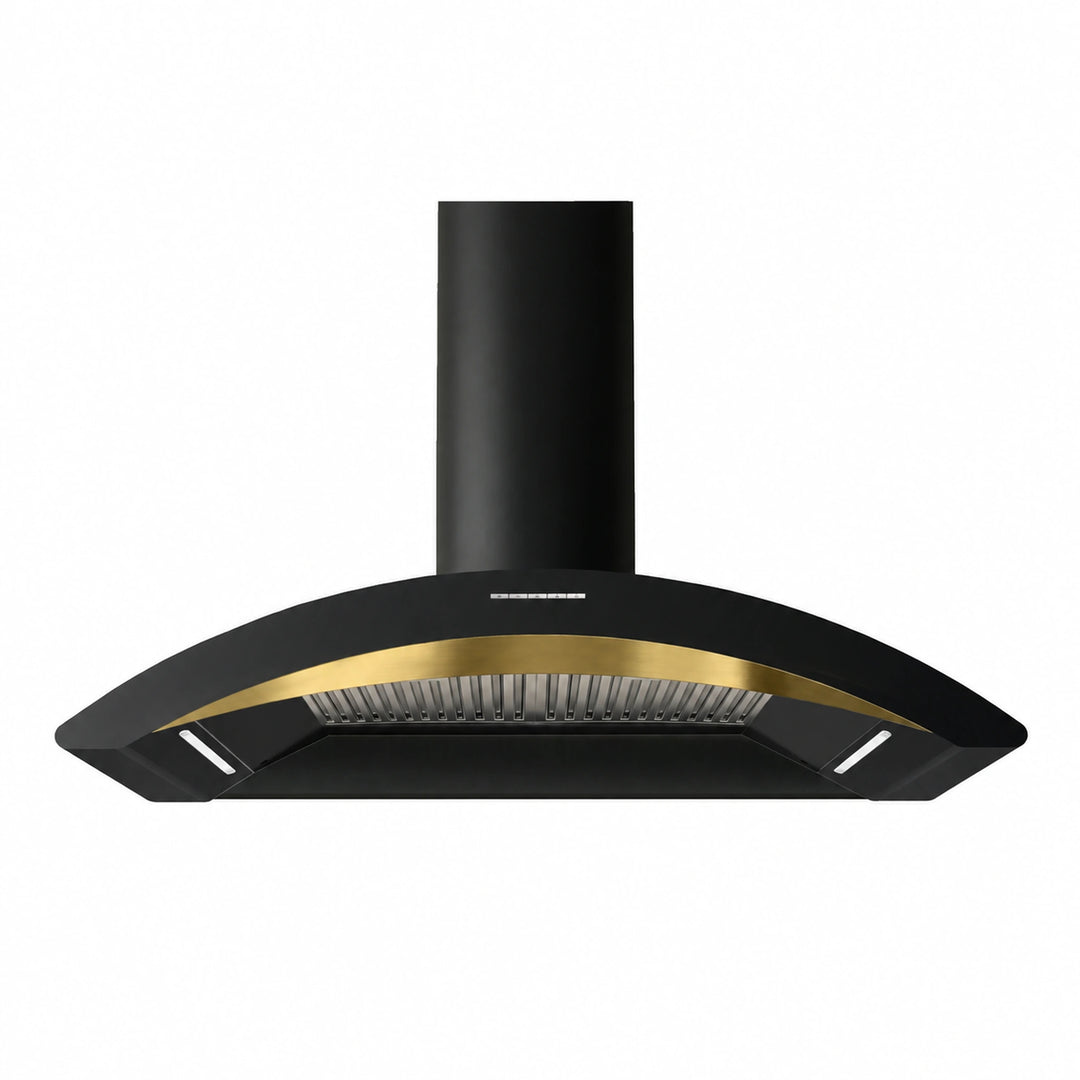 A modern 100cm MONZA black range hood with a curved front, a gold accent trim, and a cylindrical black chimney