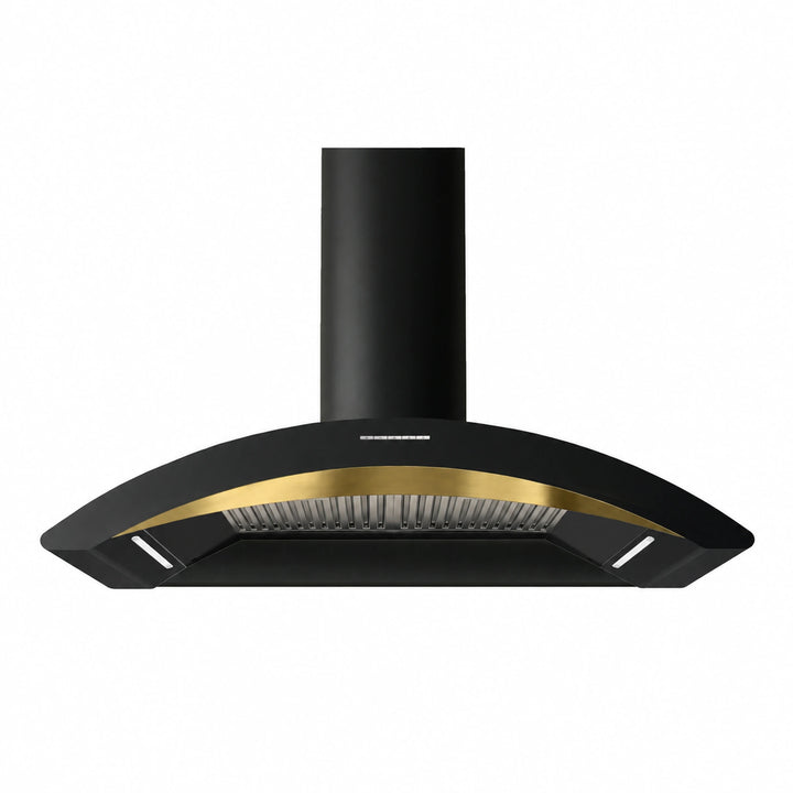 A modern 100cm MONZA black range hood with a curved front, a gold accent trim, and a cylindrical black chimney