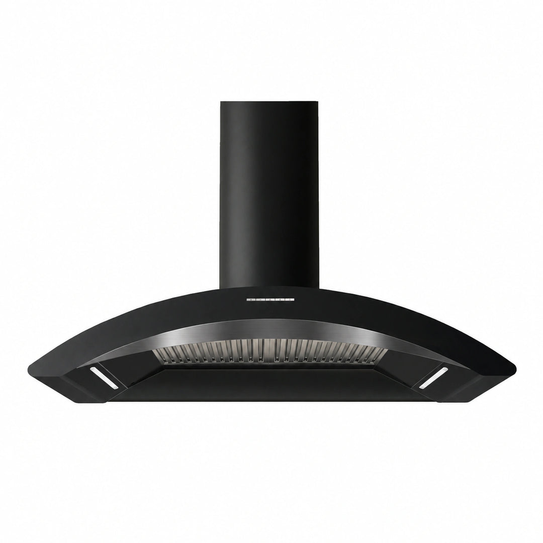 A 100cm MONZA black modern curved range hood with a cylindrical chimney stack, and gun metal grey fascia
