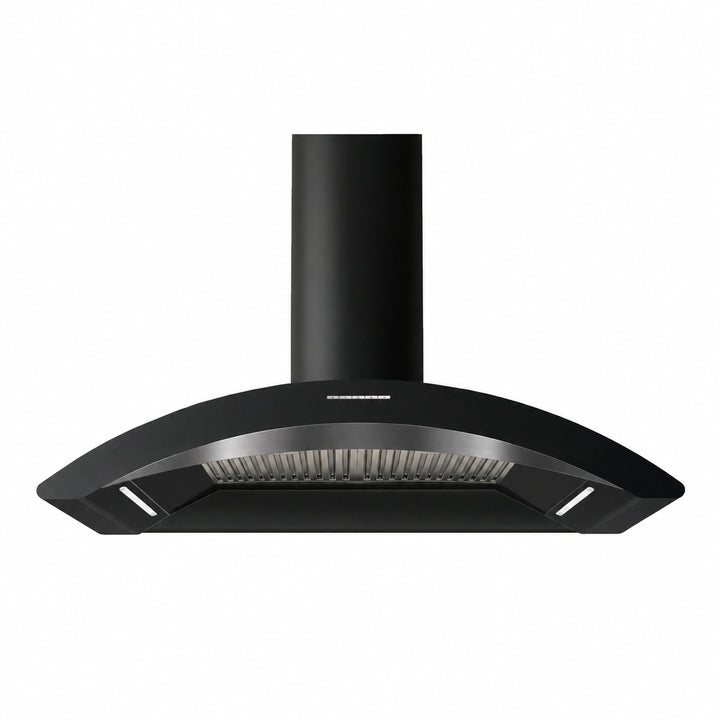 A 100cm MONZA black modern curved range hood with a cylindrical chimney stack, and gun metal grey fascia