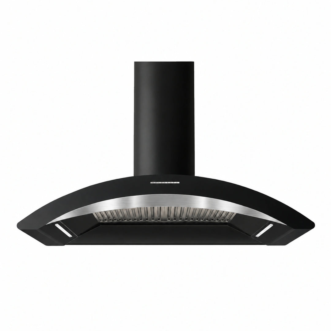 A 100cm MONZA black range hood with a curved stainless steel front trim and a cylindrical black chimney