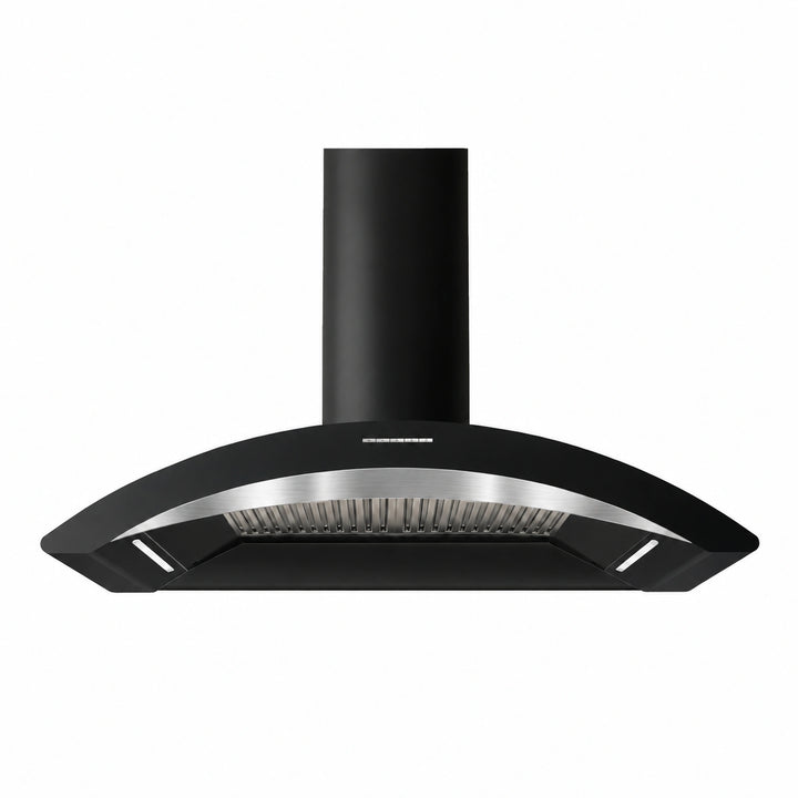 A 100cm MONZA black range hood with a curved stainless steel front trim and a cylindrical black chimney