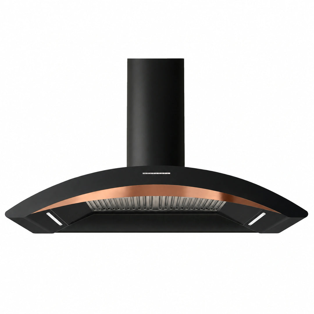A 110cm MONZA black modern range hood with a curved canopy and a cylindrical chimney with copper steel fascia