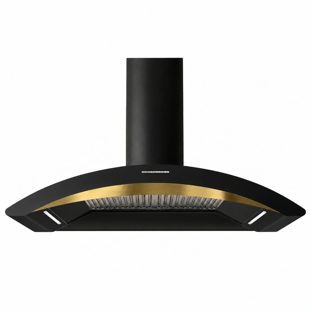 A MONZA 110cm black range hood with a curved front, a brushed gold accent band, and a cylindrical black chimney