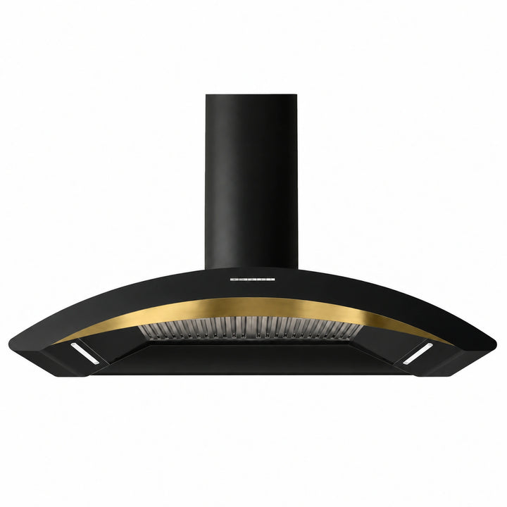 A MONZA 110cm black range hood with a curved front, a brushed gold accent band, and a cylindrical black chimney