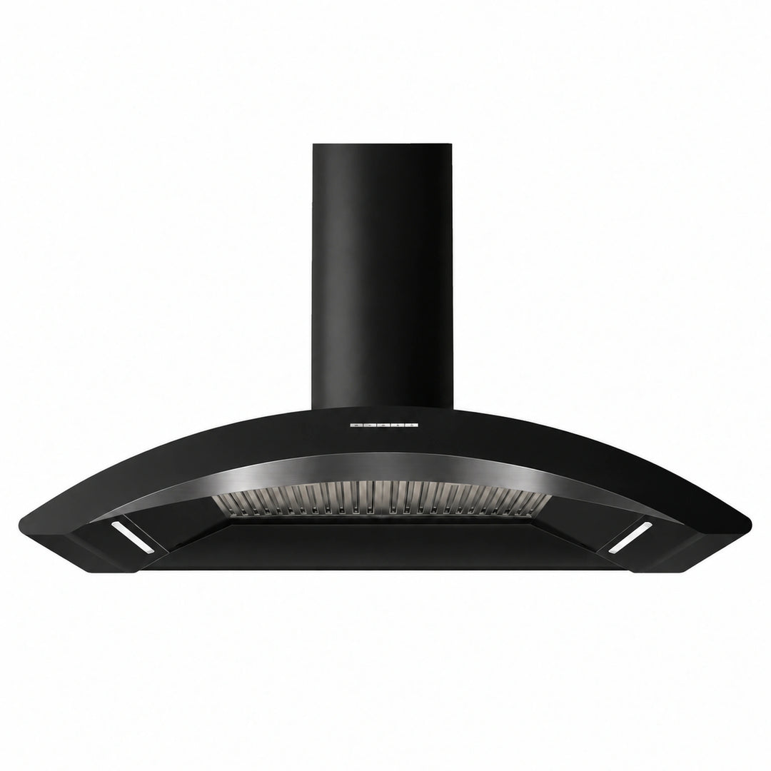 A 110cm MONZA black modern range hood with a curved canopy and a cylindrical chimney