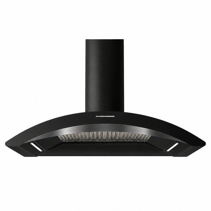 A 110cm MONZA black modern range hood with a curved canopy and a cylindrical chimney