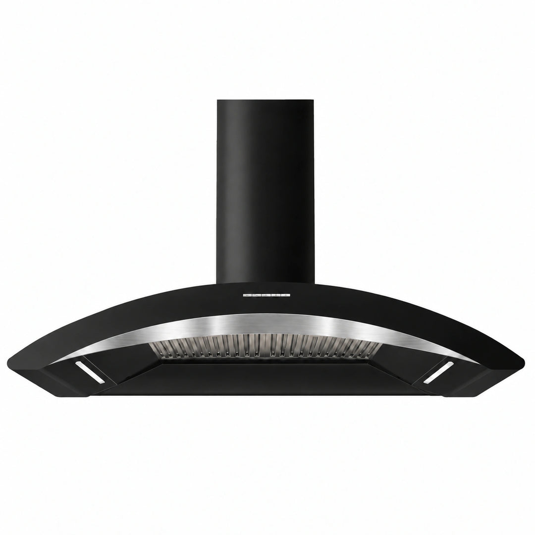 A modern 110cm MONZA black range hood with a curved stainless steel front trim and a cylindrical black chimney