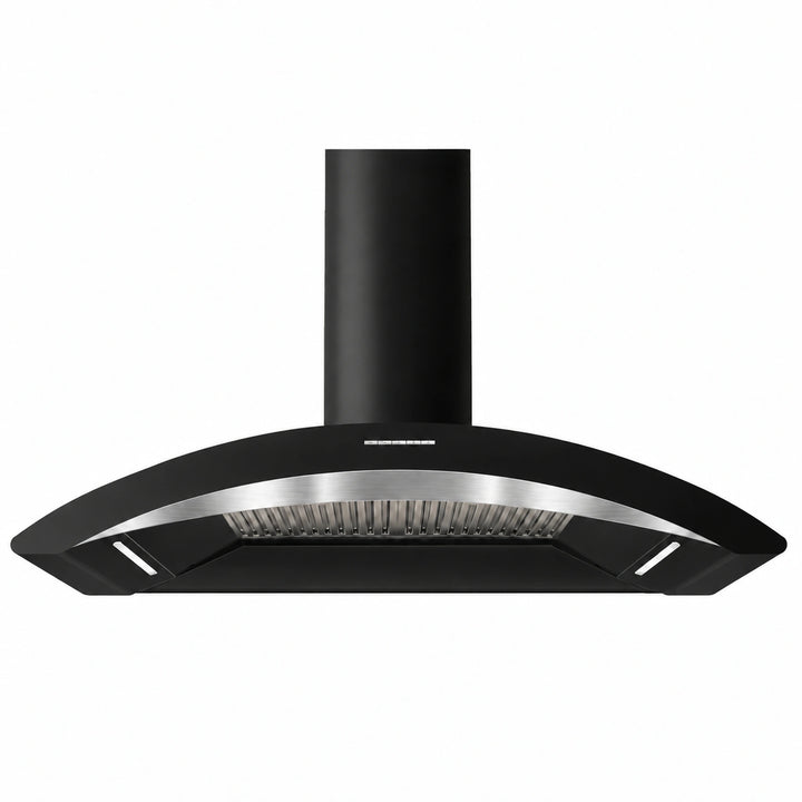 A modern 110cm MONZA black range hood with a curved stainless steel front trim and a cylindrical black chimney