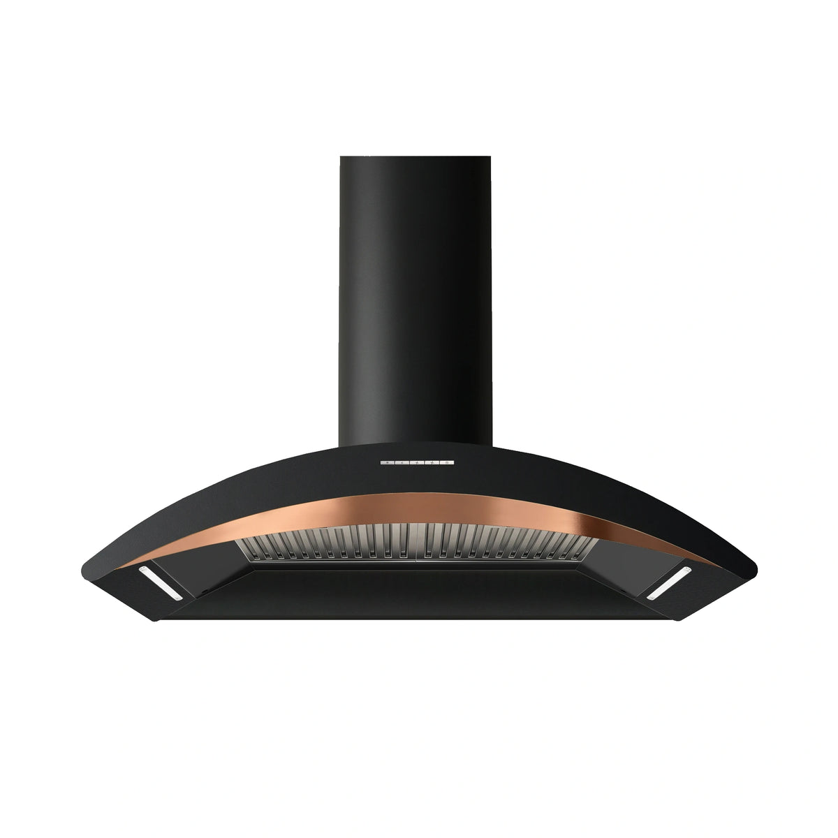 Wall mounted cooker hoods in gold, copper, gun metal and stainless steel tones