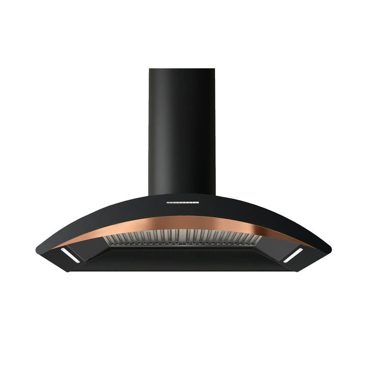 A 90cm MONZA black range hood with a curved front, a metallic copper accent band, and a cylindrical black chimney