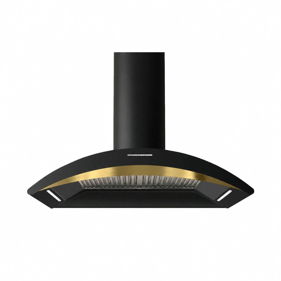 A MONZA black range hood with a curved front, a brushed gold accent band, and a cylindrical black chimney