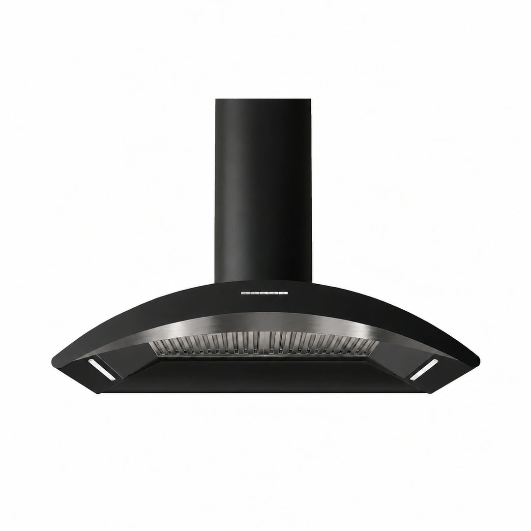 A MONZA black curved range hood with a cylindrical chimney and integrated lights, 