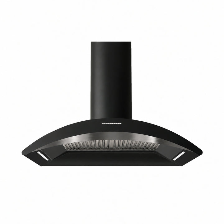 A MONZA black curved range hood with a cylindrical chimney and integrated lights, 