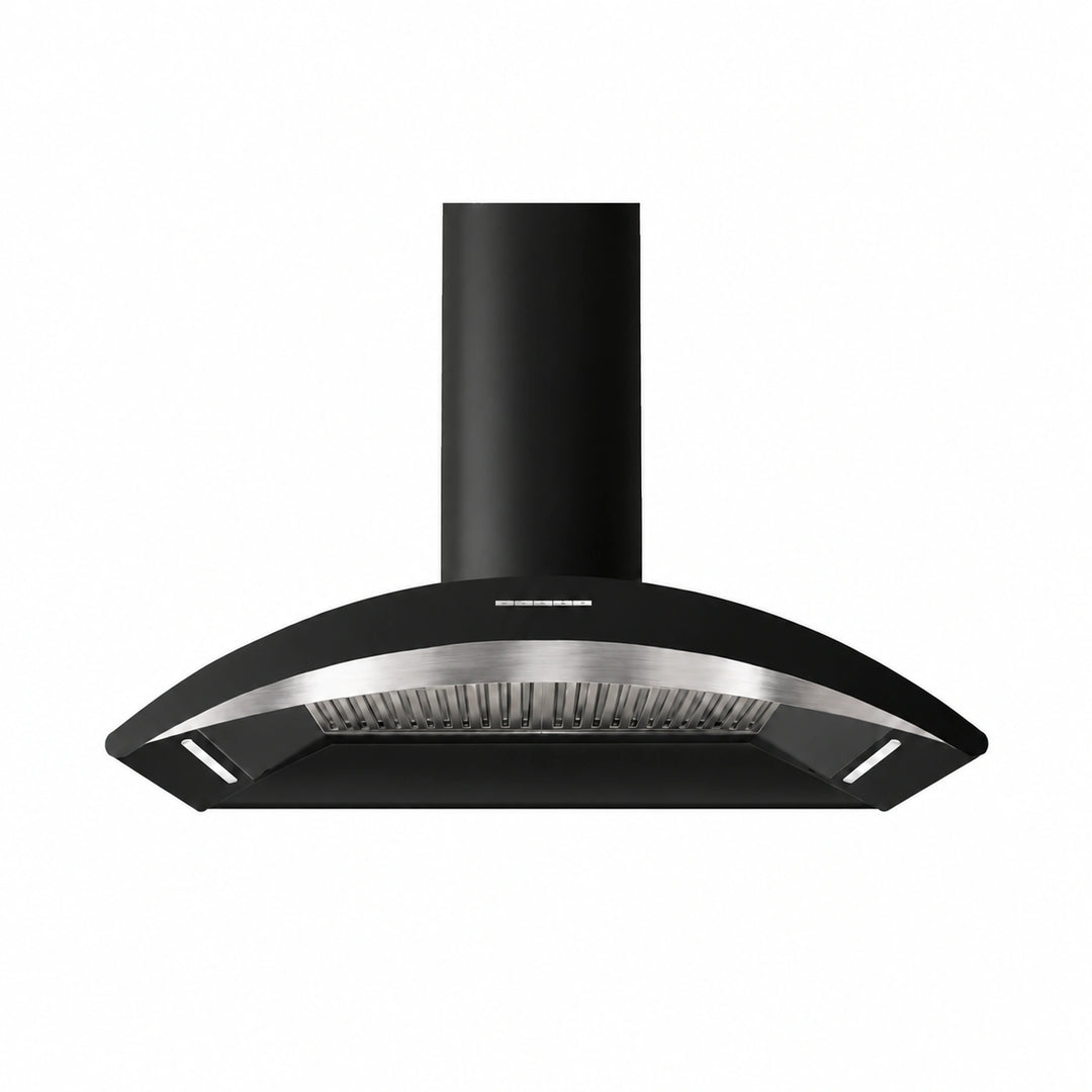 A MONZA black range hood with a curved stainless steel front and a cylindrical black chimney