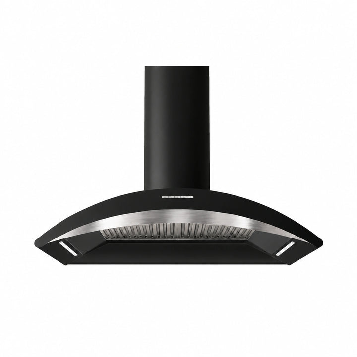 A MONZA black range hood with a curved stainless steel front and a cylindrical black chimney