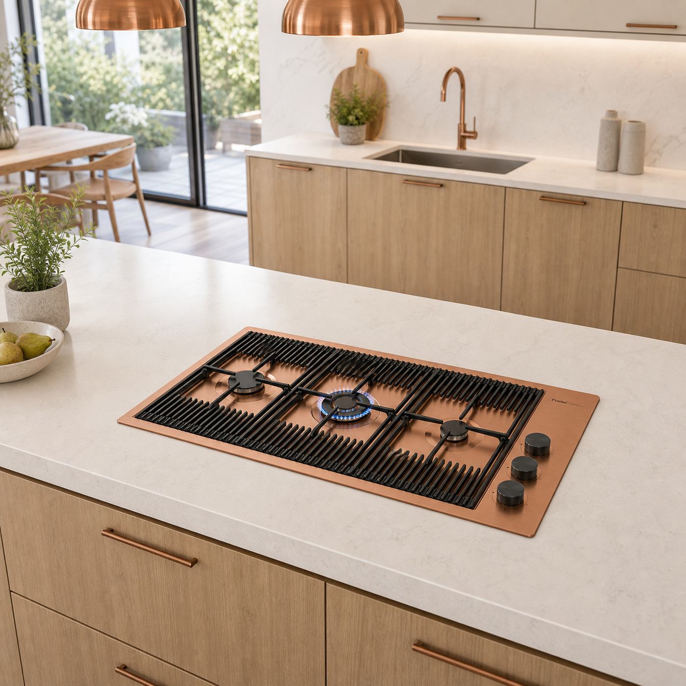 Milanello 3 burner gas hob Copper Steel PVD