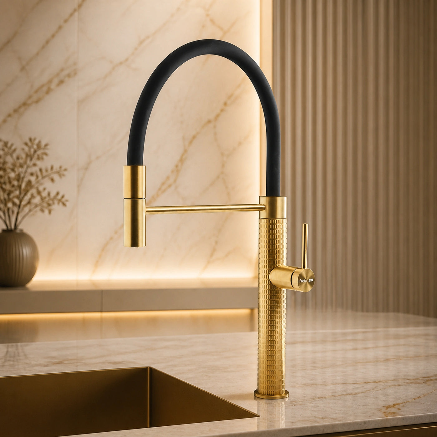Milano Luxury Gold pvd steel mixer tap with matte black flexible hose and detachable shower head 