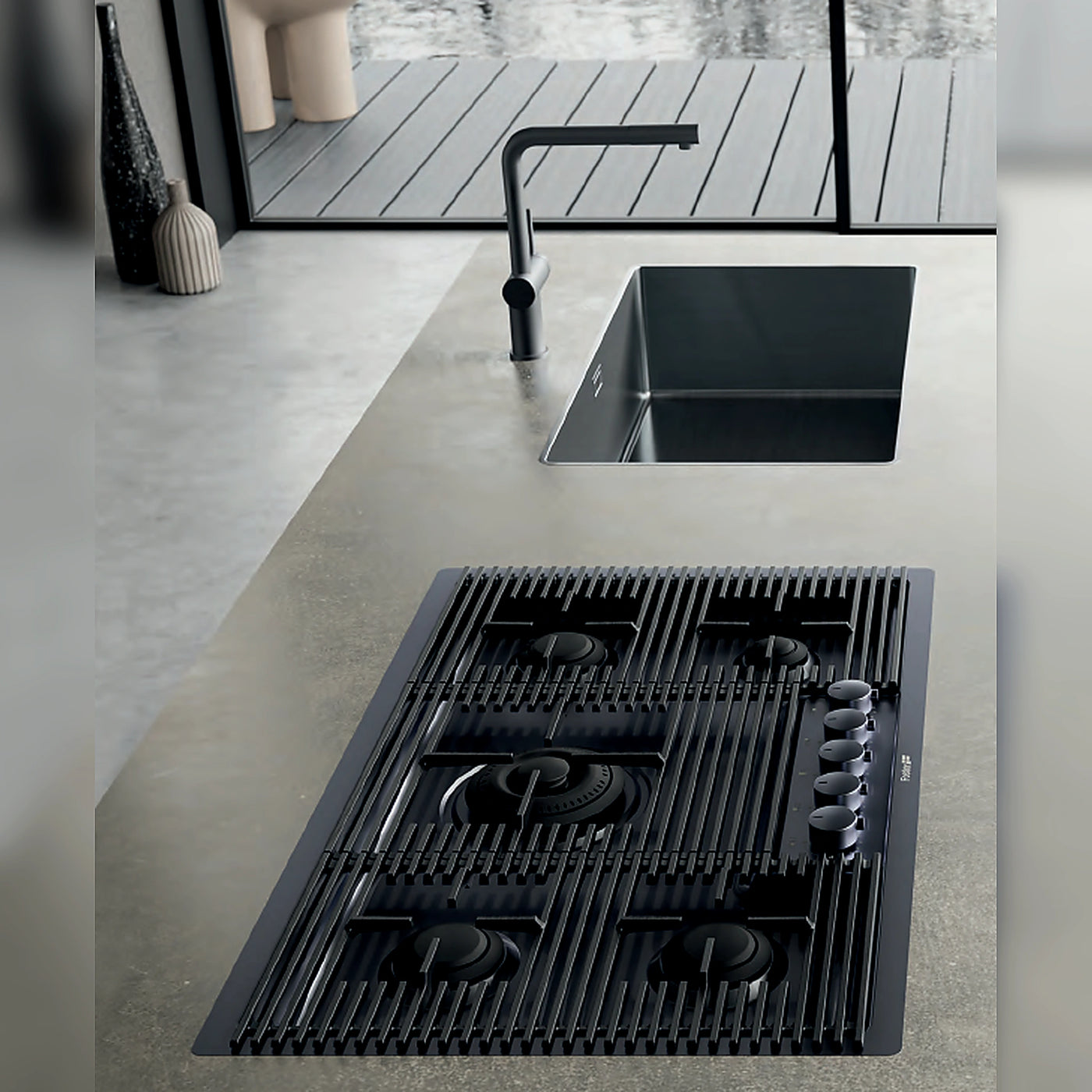80cm under mounted milano sink gun metal with the two drainer boards and the Vela luxury gun metal mixer tap and milano 5 burner gun metal gas hob