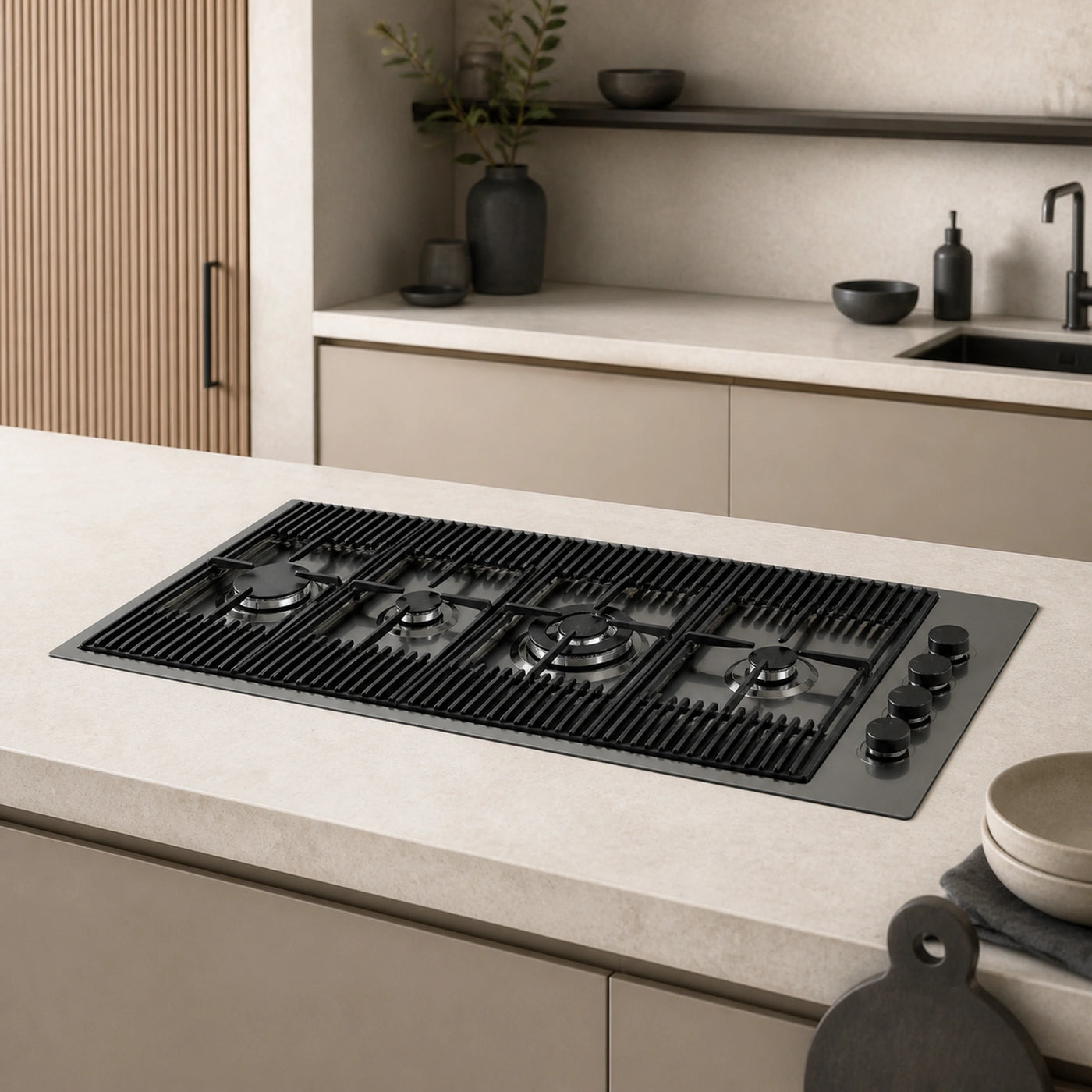 115cm Milano gun metal PVD steel gas hob with rapid wok burner  and Milano gun metal sink