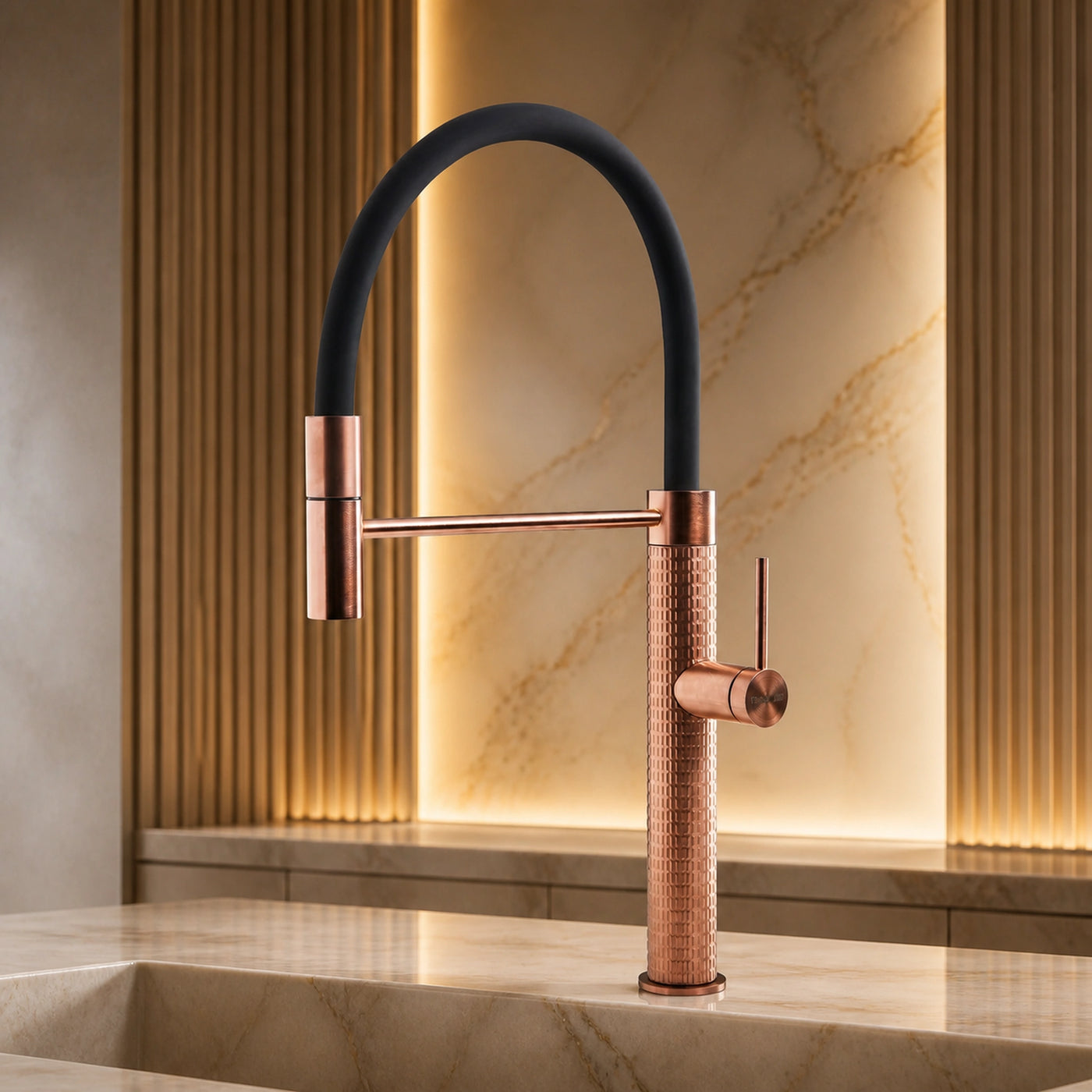 Milano Luxury copper pvd steel mixer tap with matte black flexible hose and detachable shower head 