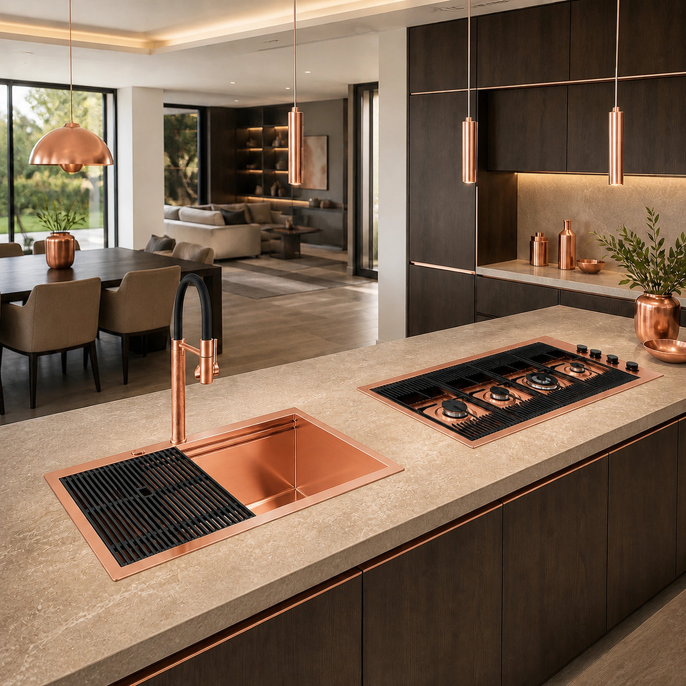 80cm top mounted milano sink copper with the two drainer boards and the milanello luxury copper mixer tap and milano 4 burner copper gas hob