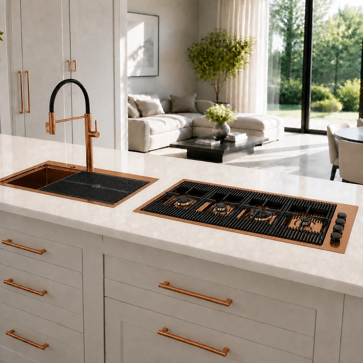 115cm Milano copper PVD steel gas hob with rapid wok burner  hood and Milano copper sink