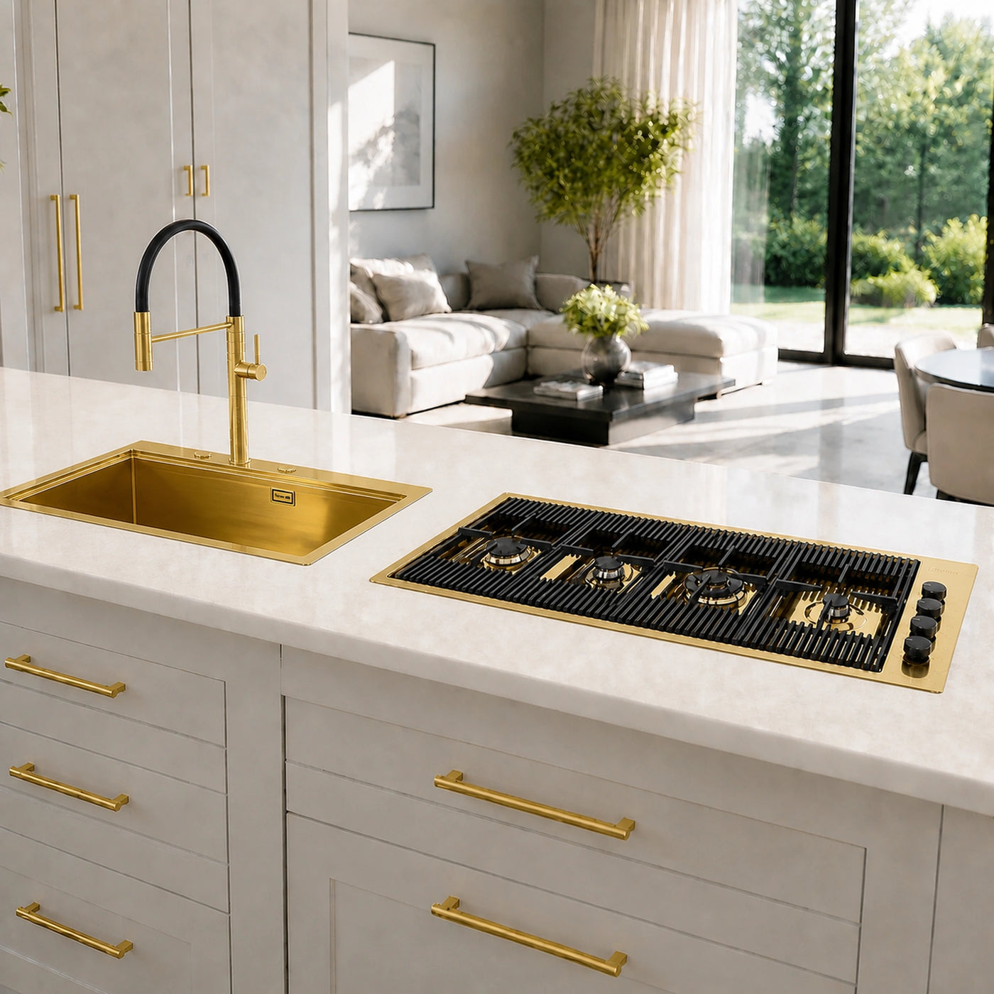 115cm Milano Lusso 4 burner Goldgas hob with rapid wok burner and milano sink 
