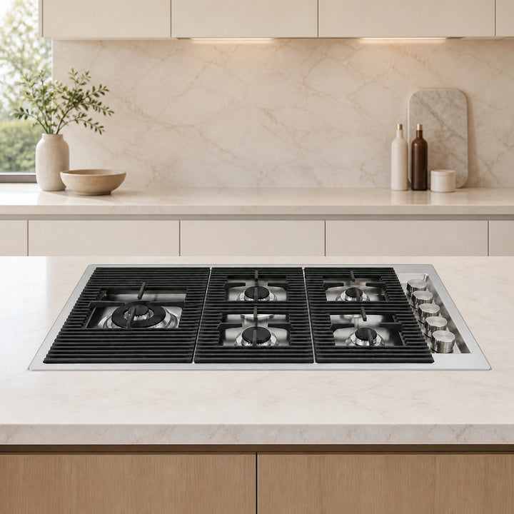 87cm Milano Lusso Stainless Steel, gas hob gold with black pan supports and recessed knobs