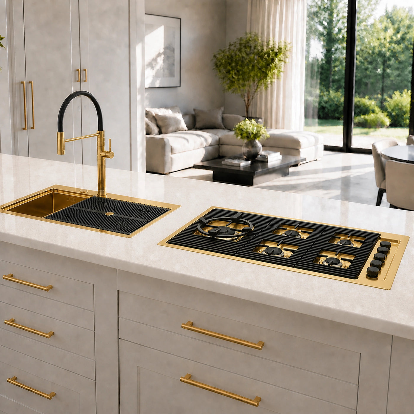 87cm Milano Lusso Gold PVD Steel, gas hob gold with black pan supports and recessed knobs